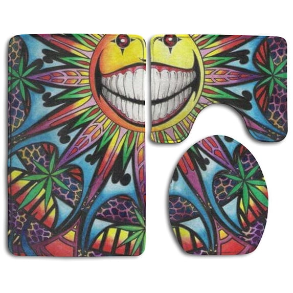 PUDMAD Smile Sun Gold 3 Piece Bathroom Rugs Set Bath Rug Contour Mat and Toilet Lid Cover
