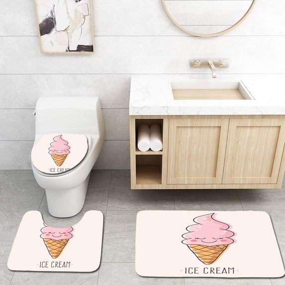 PUDMAD Smiling Ice Cream Cone 3 Piece Bathroom Rugs Set Bath Rug Contour Mat and Toilet Lid Cover