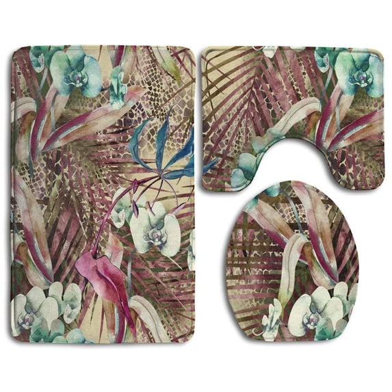 PUDMAD Snake Skin Mix 3 Piece Bathroom Rugs Set Bath Rug Contour Mat and Toilet Lid Cover