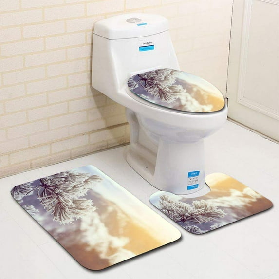 PUDMAD Snow Cove Pine Trees on Sunset 3 Piece Bathroom Rugs Set Bath Rug Contour Mat and Toilet Lid Cover