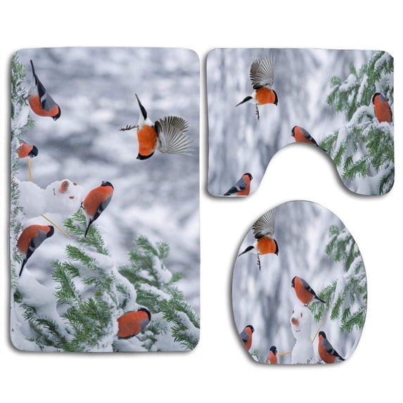 PUDMAD Snow Winter Snowman Cold Birds 3 Piece Bathroom Rugs Set Bath Rug Contour Mat and Toilet Lid Cover