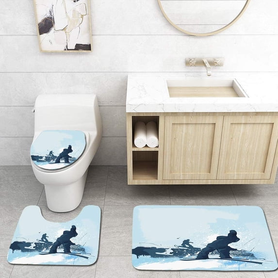 PUDMAD Snowboarding 3 Piece Bathroom Rugs Set Bath Rug Contour Mat and Toilet Lid Cover
