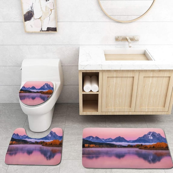 PUDMAD Snowcapped Mountains Reflected in Water at Dawn Pink Alpenglow in Clear Sky and Mist 3 Piece Bathroom Rugs Set Bath Rug Contour Mat and Toilet Lid Cover