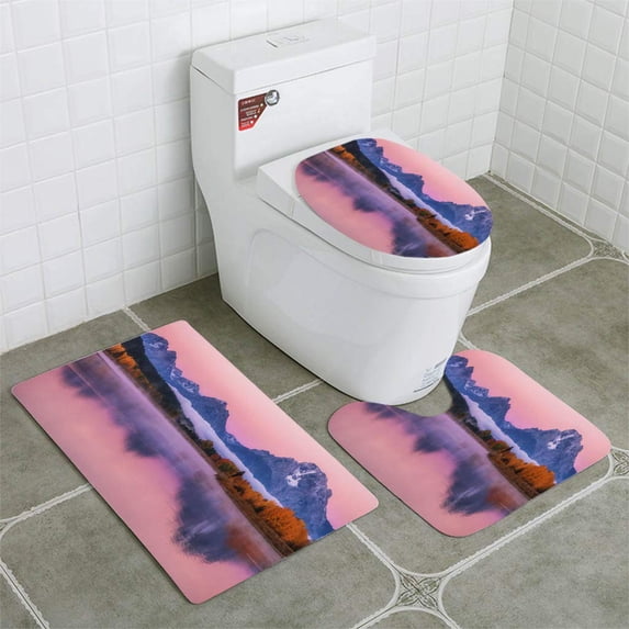PUDMAD Snowcapped mountains reflected in water at dawn pink alpenglow in clear sky 3 Piece Bathroom Rugs Set Bath Rug Contour Mat and Toilet Lid Cover