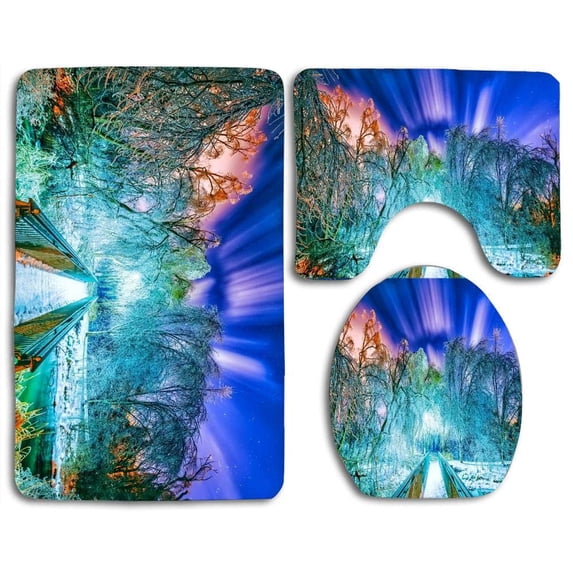 PUDMAD Snowflake Trees Sky Winter Splendor 3 Piece Bathroom Rugs Set Bath Rug Contour Mat and Toilet Lid Cover