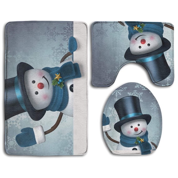 PUDMAD Snowman Say Hello 3 Piece Bathroom Rugs Set Bath Rug Contour Mat and Toilet Lid Cover