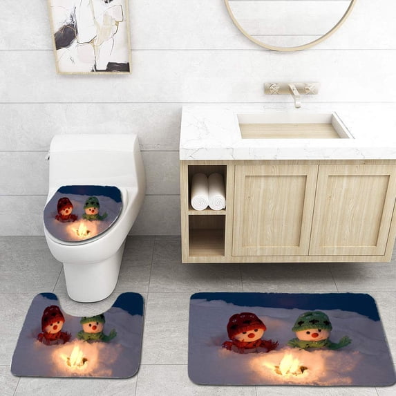 PUDMAD Snowmen at Night 3 Piece Bathroom Rugs Set Bath Rug Contour Mat and Toilet Lid Cover
