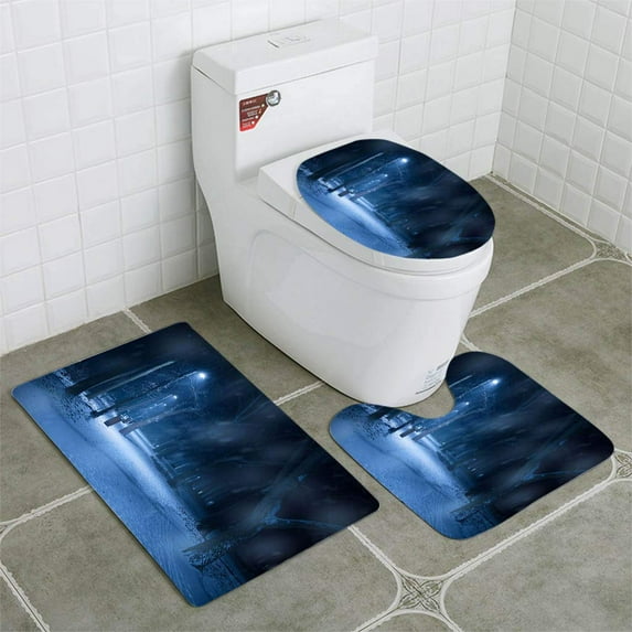 PUDMAD Snowy Path in Forest at Night 3 Piece Bathroom Rugs Set Bath Rug Contour Mat and Toilet Lid Cover