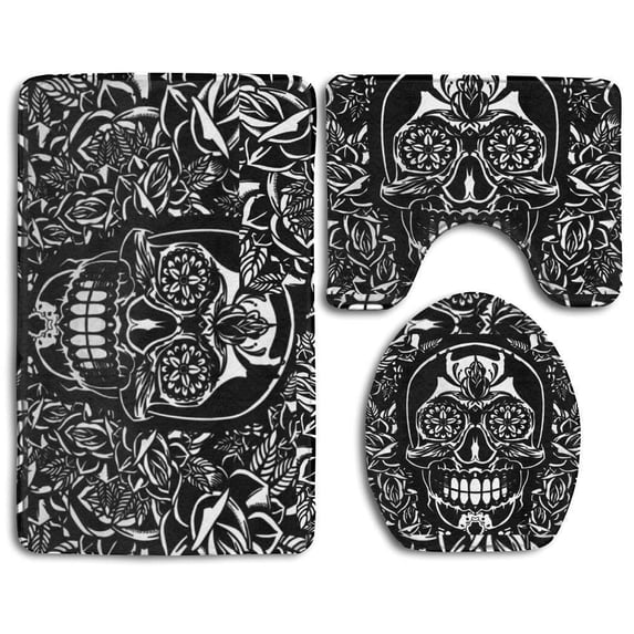 PUDMAD Space Cool Skull 3 Piece Bathroom Rugs Set Bath Rug Contour Mat and Toilet Lid Cover