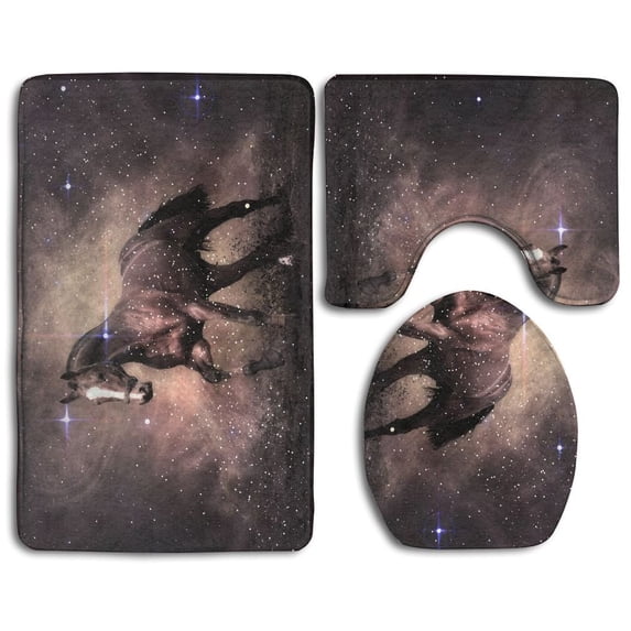 PUDMAD Space Horse Galaxy 3 Piece Bathroom Rugs Set Bath Rug Contour Mat and Toilet Lid Cover