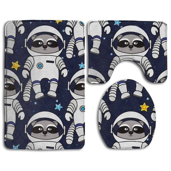 PUDMAD Space Raccoon Astronaut 3 Piece Bathroom Rugs Set Bath Rug Contour Mat and Toilet Lid Cover