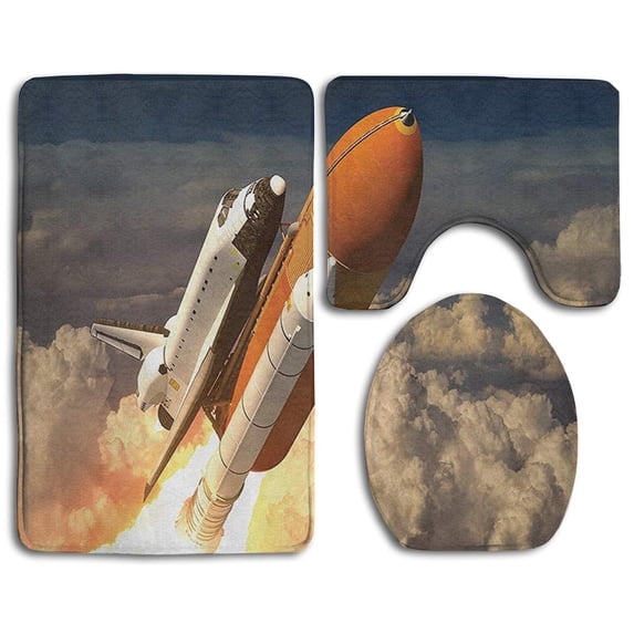 PUDMAD Space Shuttle 3 Piece Bathroom Rugs Set Bath Rug Contour Mat and Toilet Lid Cover