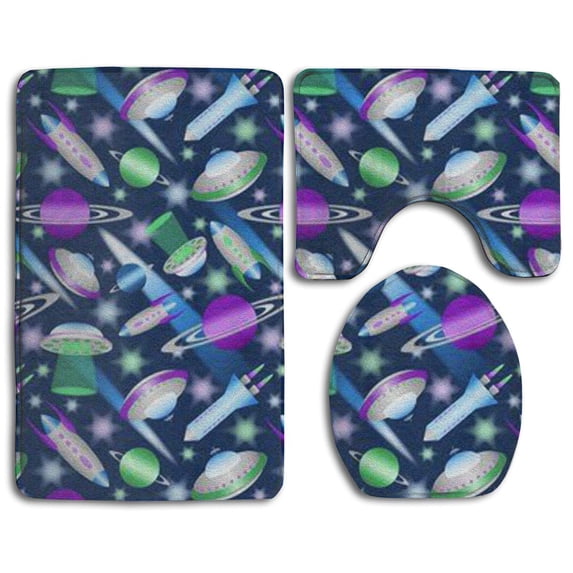 PUDMAD Spaceship and Planet 3 Piece Bathroom Rugs Set Bath Rug Contour Mat and Toilet Lid Cover