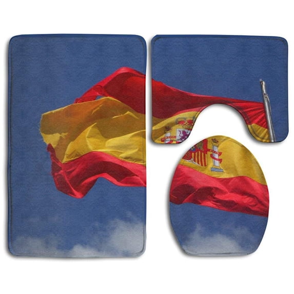 PUDMAD Spanish Flag 3 Piece Bathroom Rugs Set Bath Rug Contour Mat and Toilet Lid Cover