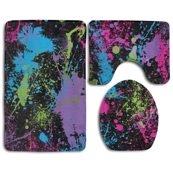 PUDMAD Splatter Paint 3 Piece Bathroom Rugs Set Bath Rug Contour Mat and Toilet Lid Cover
