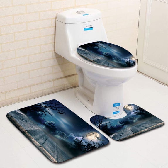 PUDMAD Spooky Halloween Empty Wooden Planks 3 Piece Bathroom Rugs Set Bath Rug Contour Mat and Toilet Lid Cover
