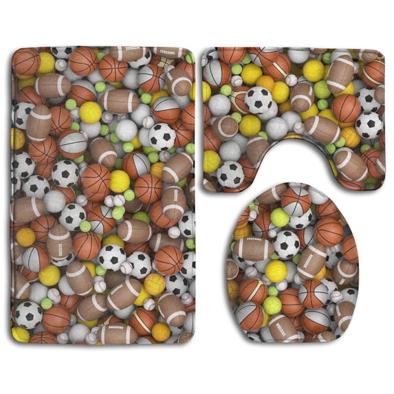 PUDMAD Sport Balls On Floor 3 Piece Bathroom Rugs Set Bath Rug Contour Mat and Toilet Lid Cover