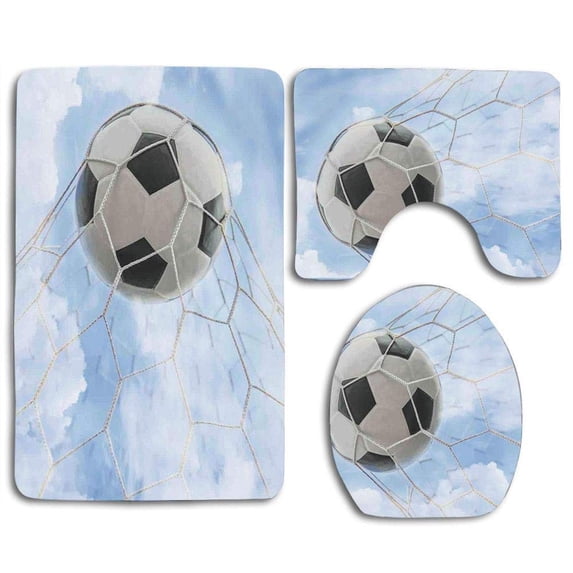 PUDMAD Sports Soccer Ball in Goal Cloudy Sky Summertime Outdoor Activities Sporting 3 Piece Bathroom Rugs Set Bath Rug Contour Mat and Toilet Lid Cover
