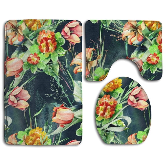 PUDMAD Spring 3 Piece Bathroom Rugs Set Bath Rug Contour Mat and Toilet Lid Cover