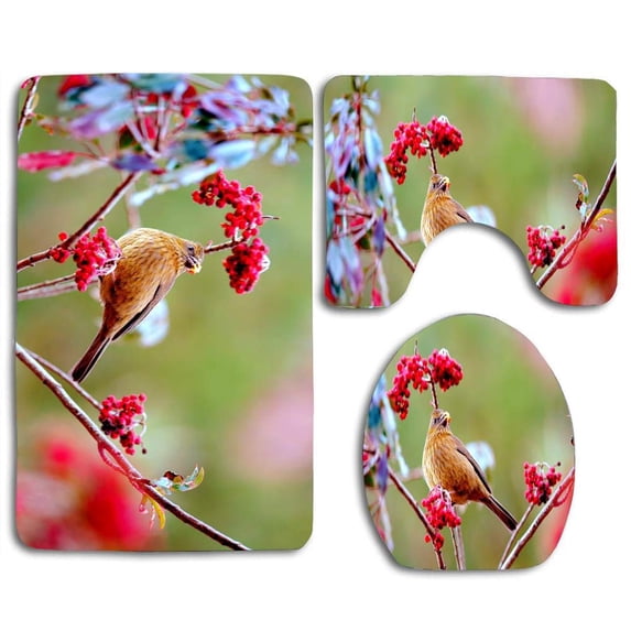PUDMAD Spring Bird Branch Plant 3 Piece Bathroom Rugs Set Bath Rug Contour Mat and Toilet Lid Cover