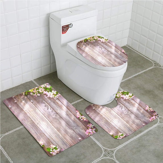 PUDMAD Spring Blooming Branches on Wooden 3 Piece Bathroom Rugs Set Bath Rug Contour Mat and Toilet Lid Cover