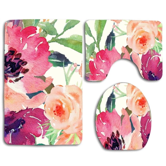 PUDMAD Spring Bouquet Watercolor 3 Piece Bathroom Rugs Set Bath Rug Contour Mat and Toilet Lid Cover