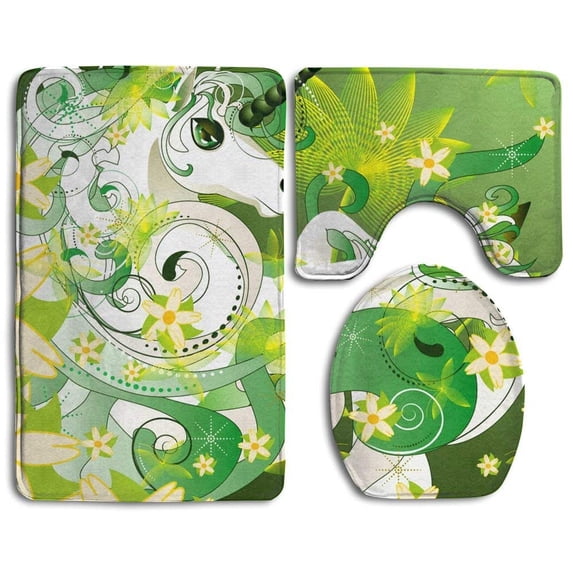 PUDMAD Spring Green Flower and Unicorn 3 Piece Bathroom Rugs Set Bath Rug Contour Mat and Toilet Lid Cover