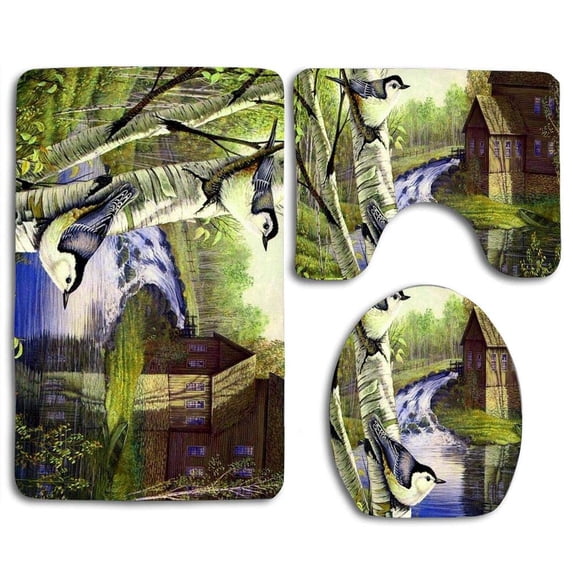 PUDMAD Spring Mill Birds 3 Piece Bathroom Rugs Set Bath Rug Contour Mat and Toilet Lid Cover