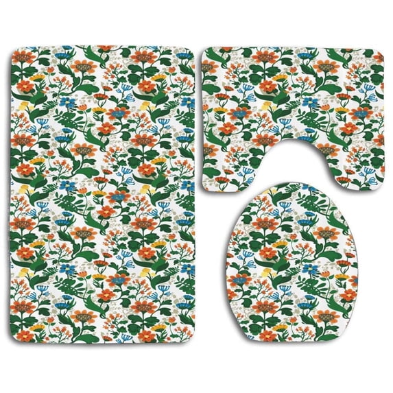 PUDMAD Spring Season Flowers Nature Growth Composition Fresh Foliage 3 Piece Bathroom Rugs Set Bath Rug Contour Mat and Toilet Lid Cover