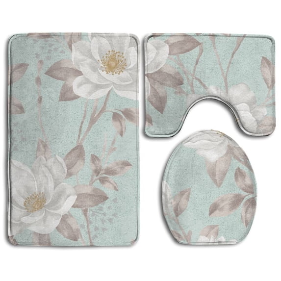 PUDMAD Spring Style Flower Seamless Easy Making Seamless Use It 3 Piece Bathroom Rugs Set Bath Rug Contour Mat and Toilet Lid Cover