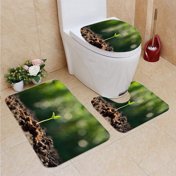 PUDMAD Sprout 3 Piece Bathroom Rugs Set Bath Rug Contour Mat and Toilet Lid Cover