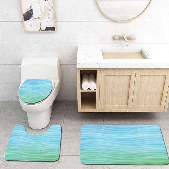 PUDMAD Square Wavy Abstract Bright Green Color Azure 3 Piece Bathroom Rugs Set Bath Rug Contour Mat and Toilet Lid Cover