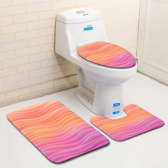 PUDMAD Square Wavy Abstract Bright Peach Color 3 Piece Bathroom Rugs Set Bath Rug Contour Mat and Toilet Lid Cover