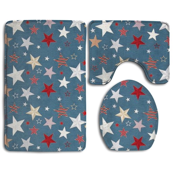 PUDMAD Star Stripe 3 Piece Bathroom Rugs Set Bath Rug Contour Mat and Toilet Lid Cover
