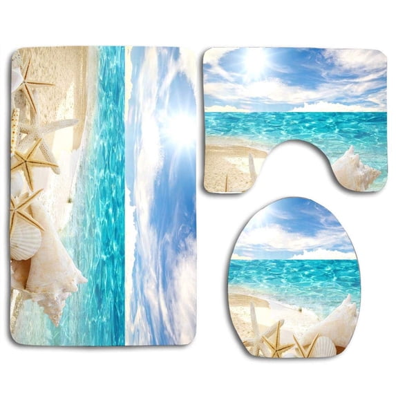 PUDMAD Starfish 3 Piece Bathroom Rugs Set Bath Rug Contour Mat and Toilet Lid Cover