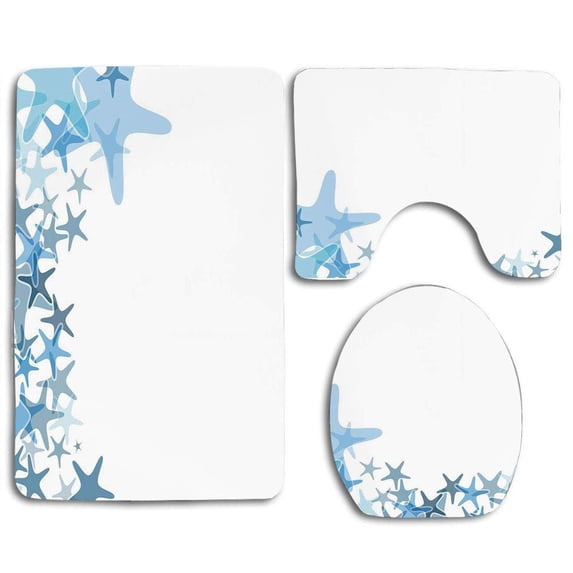 PUDMAD Starfish Hand Drawn Seastar Silhouettes in Blue Tones Border Ocean 3 Piece Bathroom Rugs Set Bath Rug Contour Mat and Toilet Lid Cover