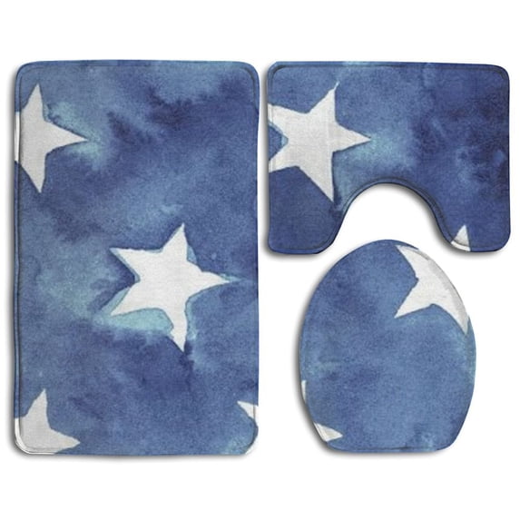 PUDMAD Stars Blue 3 Piece Bathroom Rugs Set Bath Rug Contour Mat and Toilet Lid Cover