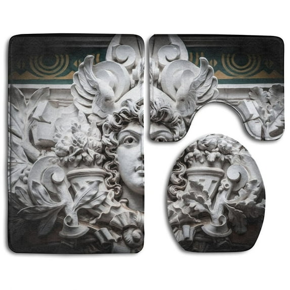 PUDMAD Stone Sculpture Showing Man Curly Hair Surrounded By Leaves Tree Serious Confident 3 Piece Bathroom Rugs Set Bath Rug Contour Mat and Toilet Lid Cover
