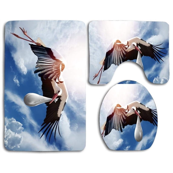 PUDMAD Stork Carrying Baby 3 Piece Bathroom Rugs Set Bath Rug Contour Mat and Toilet Lid Cover