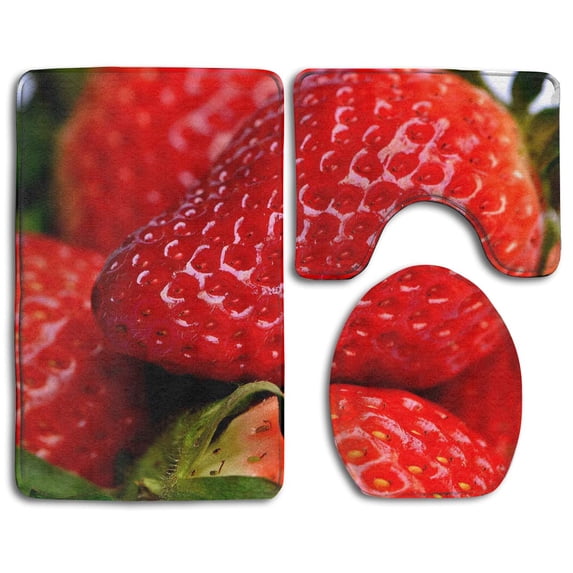 PUDMAD Strawberry 3 Piece Bathroom Rugs Set Bath Rug Contour Mat and Toilet Lid Cover