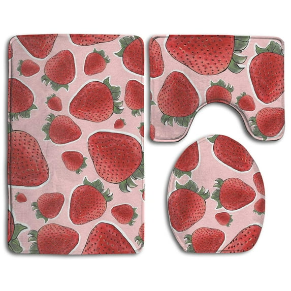 PUDMAD Strawberry Fruit Pink 3 Piece Bathroom Rugs Set Bath Rug Contour Mat and Toilet Lid Cover