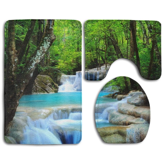 PUDMAD Stream in Forest 3 Piece Bathroom Rugs Set Bath Rug Contour Mat and Toilet Lid Cover