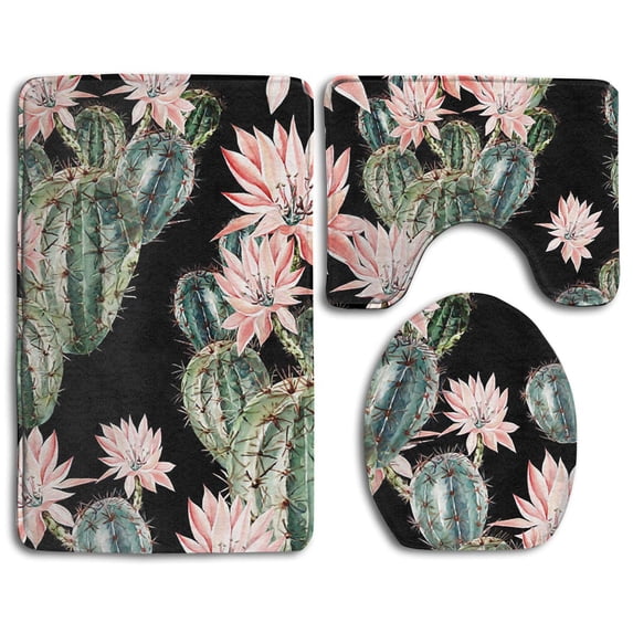 PUDMAD Stylish Watercolor Cactus Pink Flowers 3 Piece Bathroom Rugs Set Bath Rug Contour Mat and Toilet Lid Cover