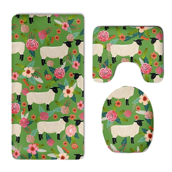 PUDMAD Suffolk Sheep Farm Floral 3 Piece Bathroom Rugs Set Bath Rug Contour Mat and Toilet Lid Cover