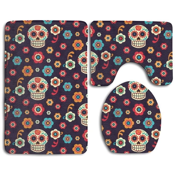 PUDMAD Sugar Skull 3 Piece Bathroom Rugs Set Bath Rug Contour Mat and Toilet Lid Cover