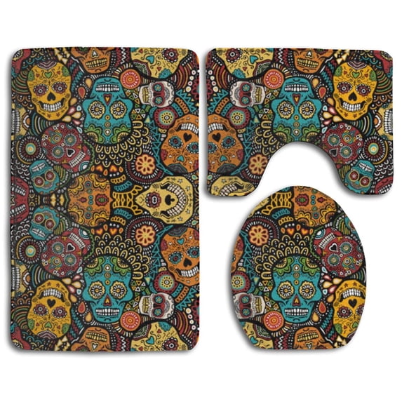 PUDMAD Sugar Skulls 3 Piece Bathroom Rugs Set Bath Rug Contour Mat and Toilet Lid Cover