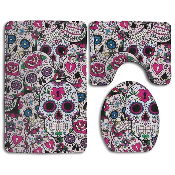 PUDMAD Sugar Skulls 3 Piece Bathroom Rugs Set Bath Rug Contour Mat and Toilet Lid Cover