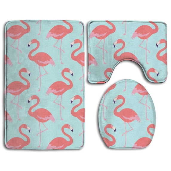 PUDMAD Summer Beach Flamingos 3 Piece Bathroom Rugs Set Bath Rug Contour Mat and Toilet Lid Cover