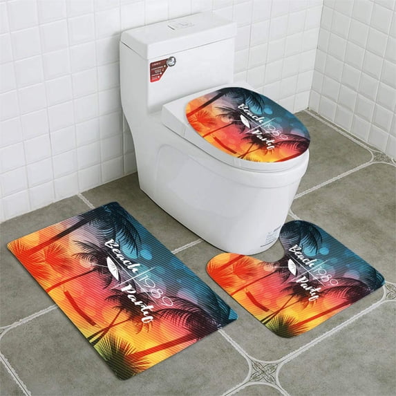 PUDMAD Summer Beach Party Flyer Palmtrees Illustra 3 Piece Bathroom Rugs Set Bath Rug Contour Mat and Toilet Lid Cover