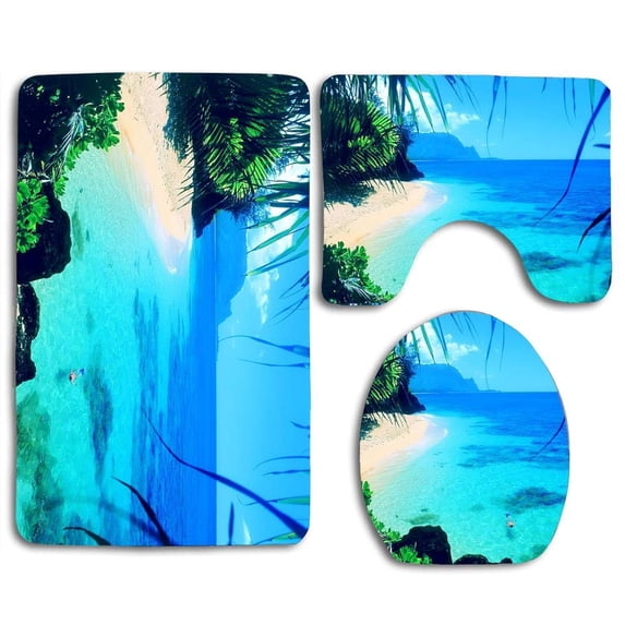 PUDMAD Summer Blue Sea 3 Piece Bathroom Rugs Set Bath Rug Contour Mat and Toilet Lid Cover